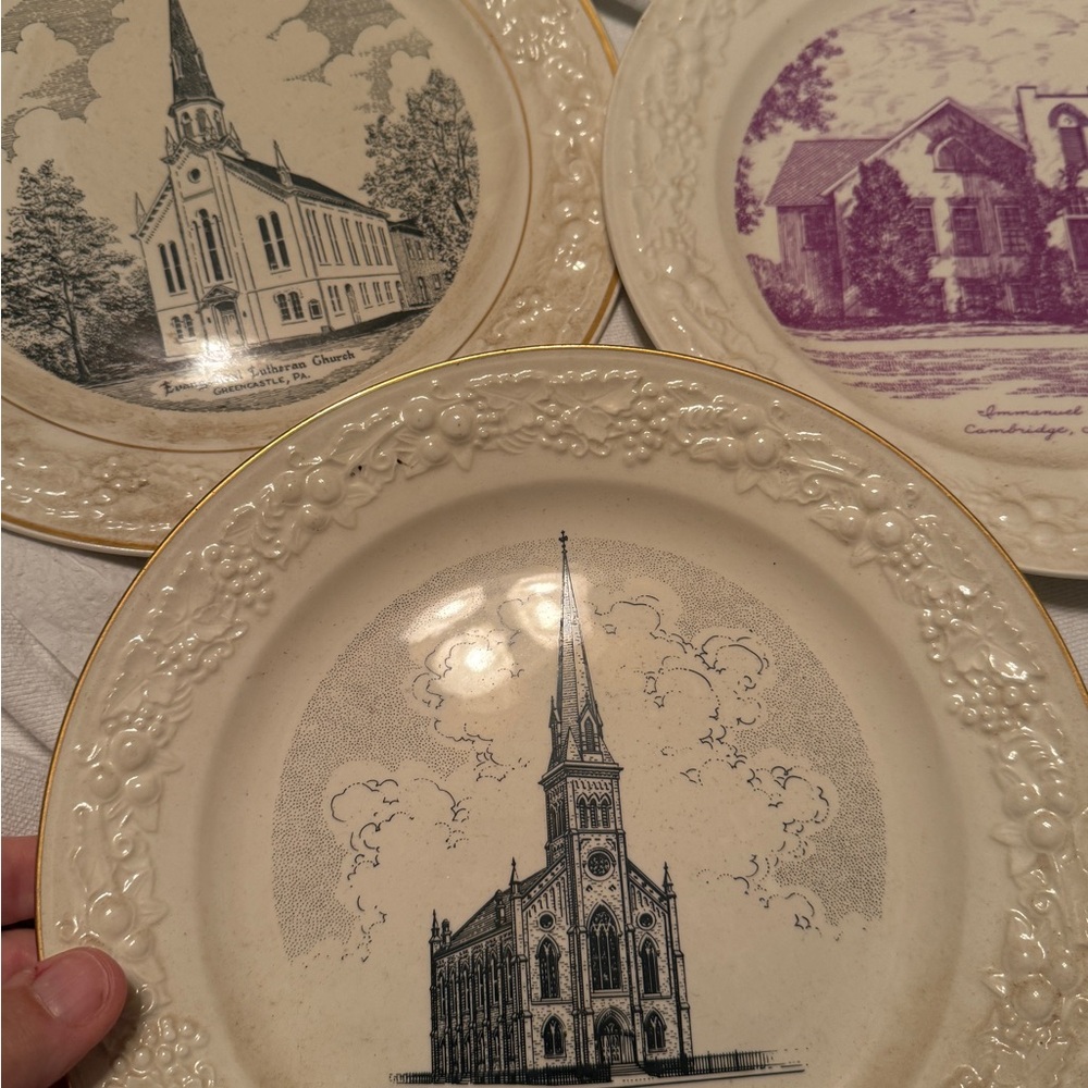 Homer Laughlin Cream Plates with Church Illustrations